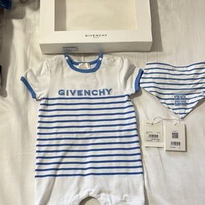 Givenchy White and Blue Striped Baby Romper Set